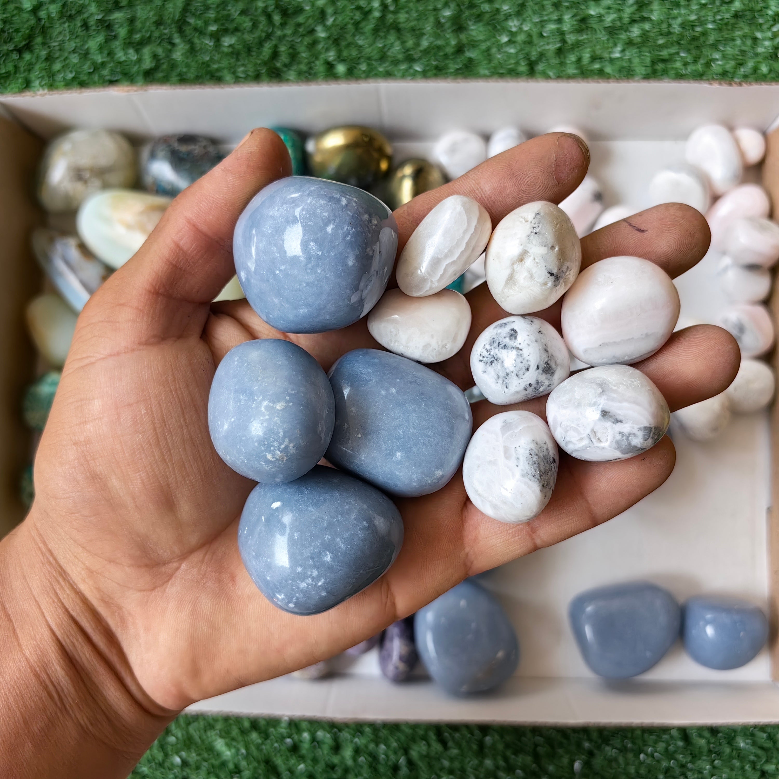 2 kg tumbled mixted angelite / mangano calcite / opal / bolivianite / chalcopyrite / chrysocolla