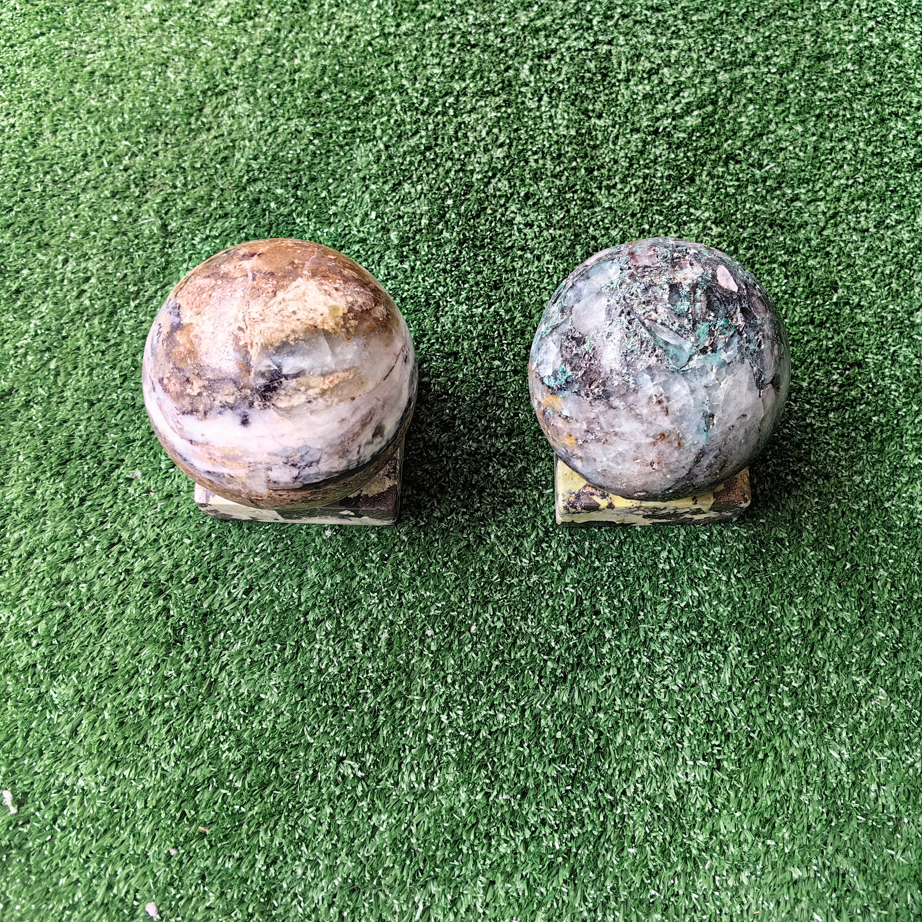 2 pcs Andean Opal, Chysoquartz Sphere with Base