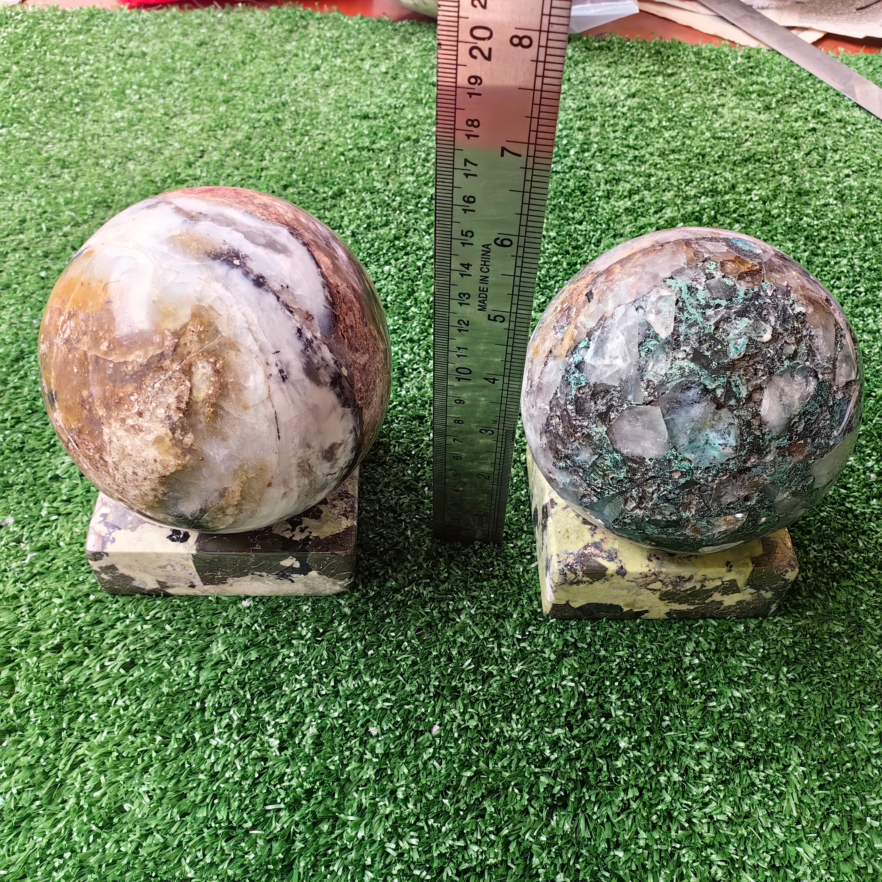 2 pcs Andean Opal, Chysoquartz Sphere with Base