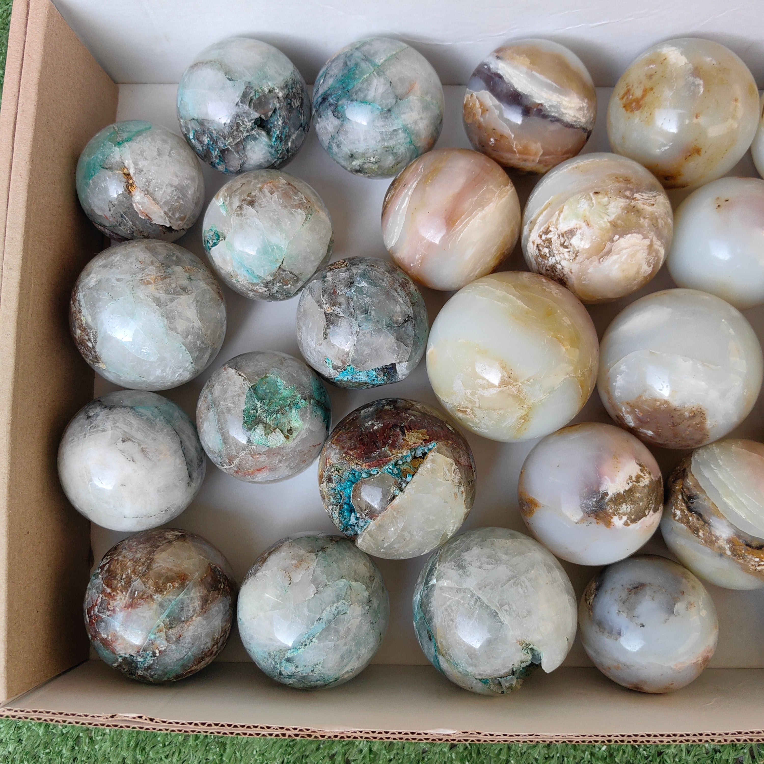 Lot 14 pcs Andean Opal Sphere / 13 pcs Chrysocolla on Quartz sphere