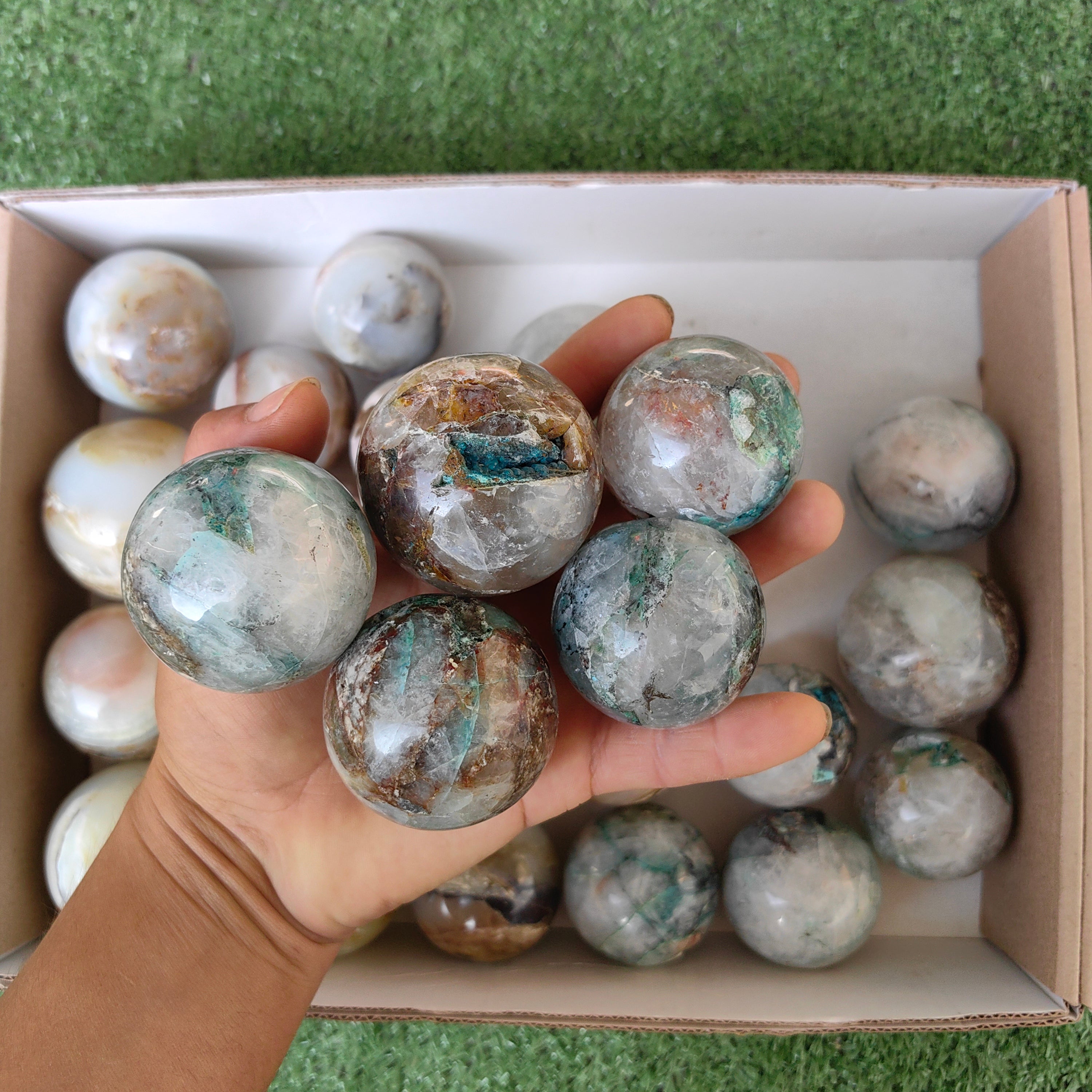 Lot 14 pcs Andean Opal Sphere / 13 pcs Chrysocolla on Quartz sphere