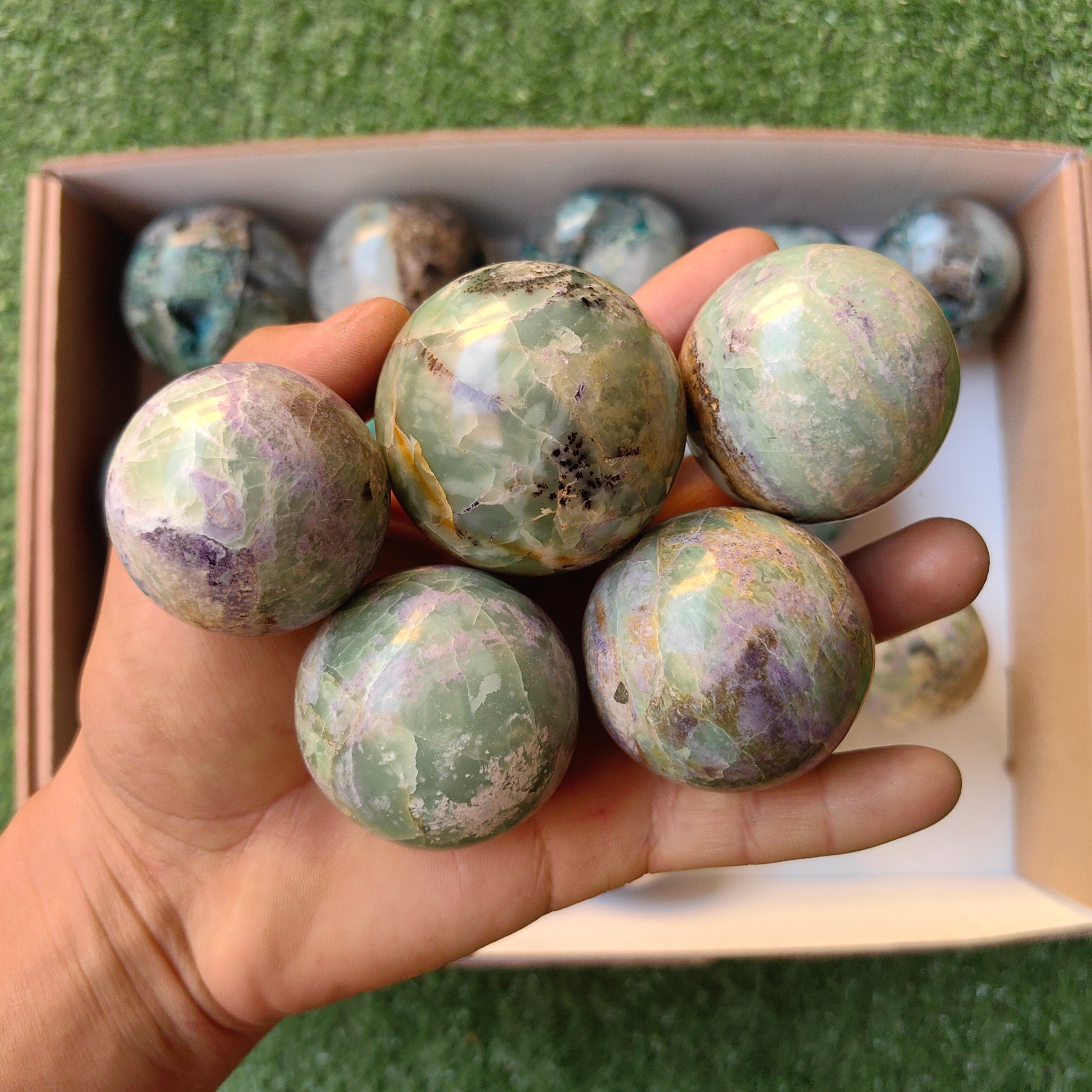Lot 7 pcs Bolivianite sphere / 19 pcs Chrysocolla on quartz Sphere