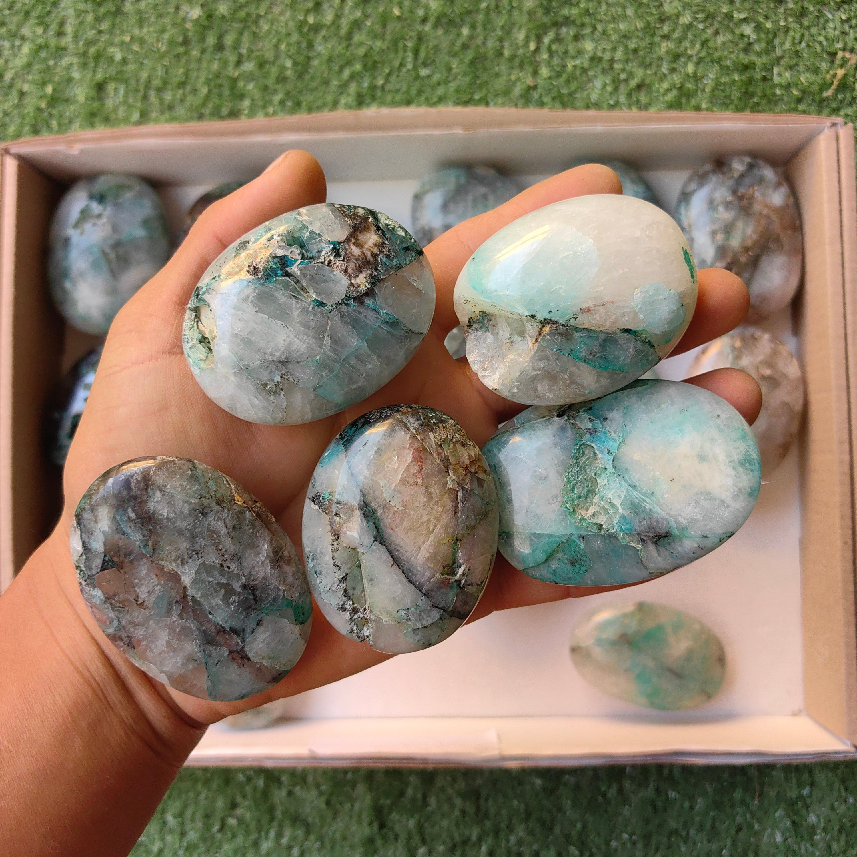 Lot 23 pcs Chrysocolla on Quartz palm
