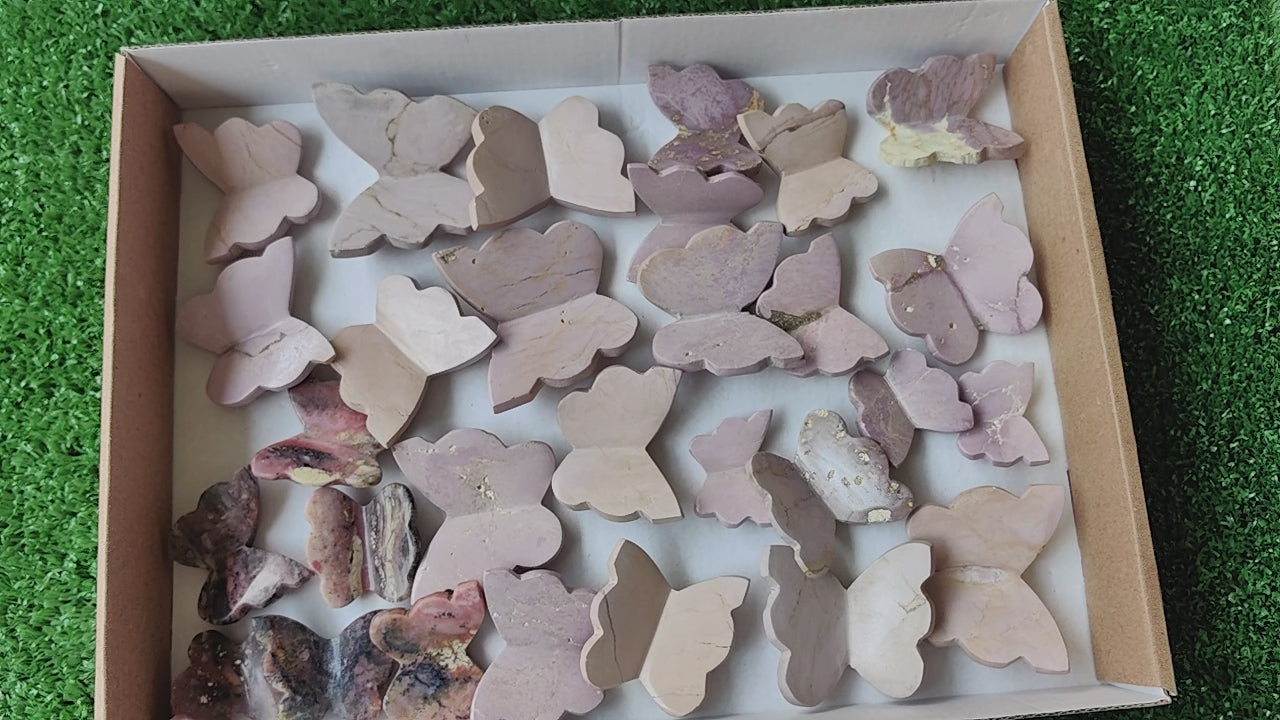Load video: 29 pcs Phosphosiderite / Pink Opal Butterfly