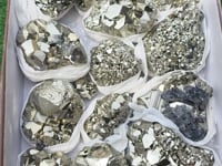 Load video: Box 15 pcs Pyrite Octahedral with Galena