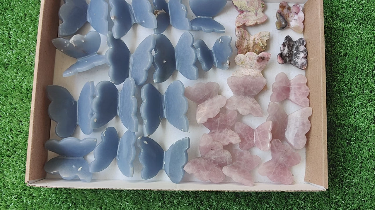 Load video: 28 pcs Angelite / Rose Quartz Butterfly