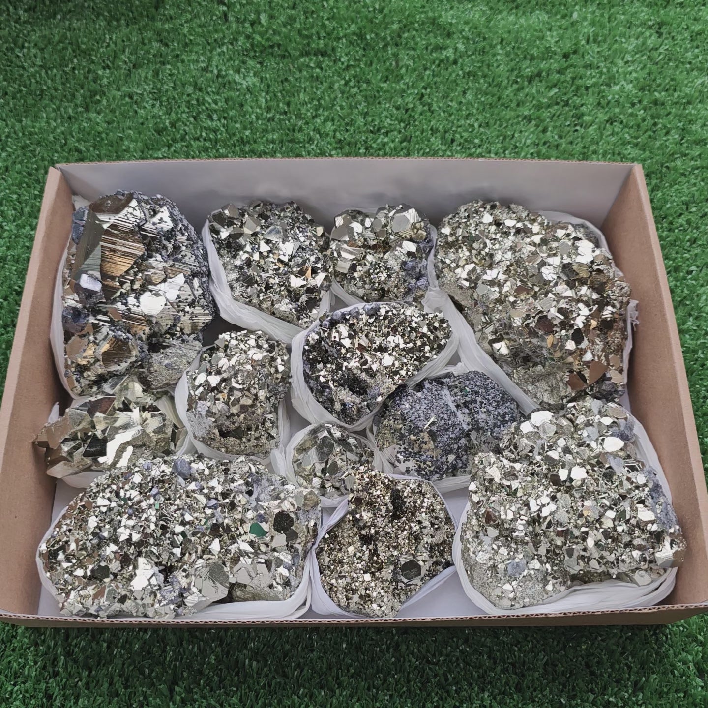 Load video: Box 12 pcs big pyrite Octahedral