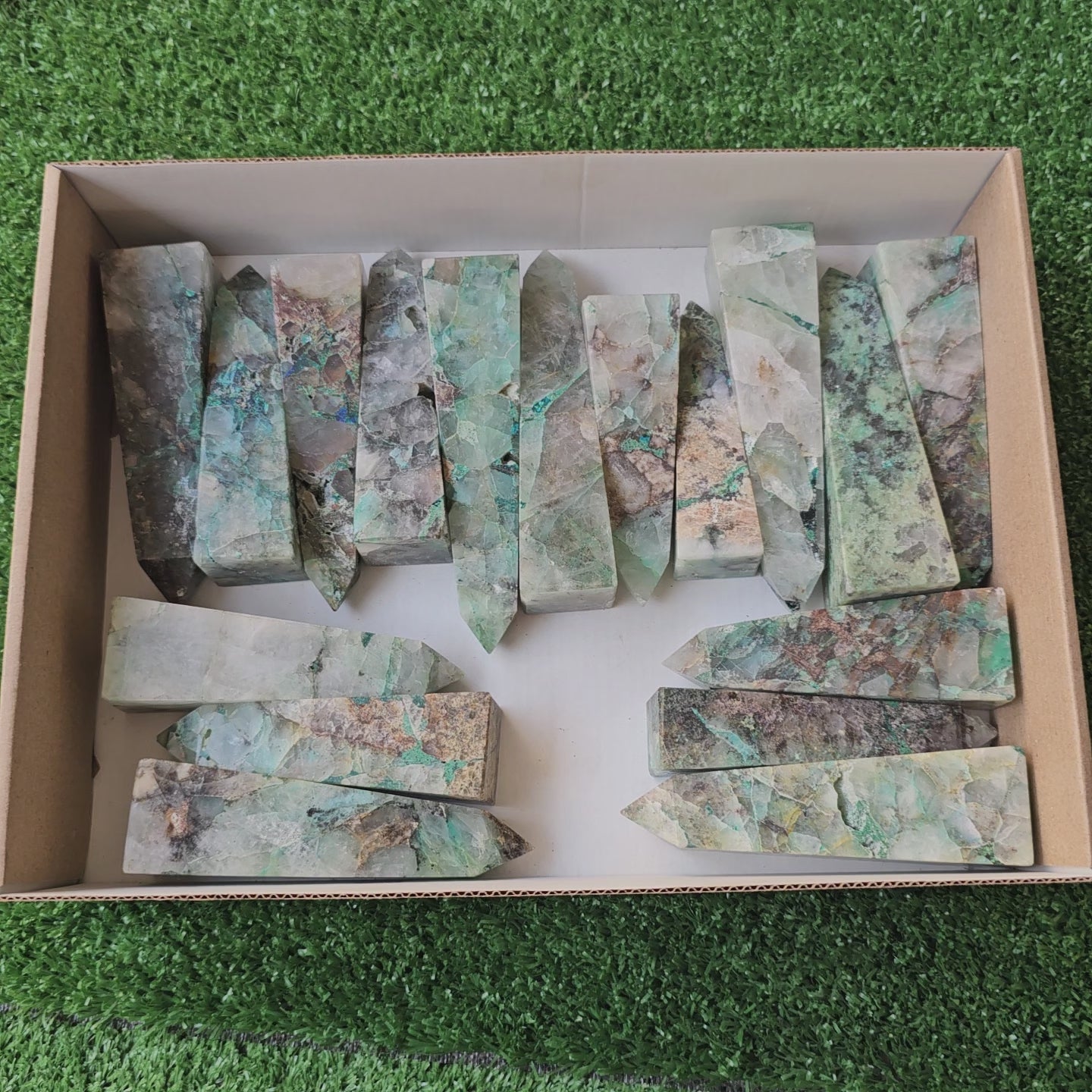 Load video: Lot 17 towers chrysocolla on quartz