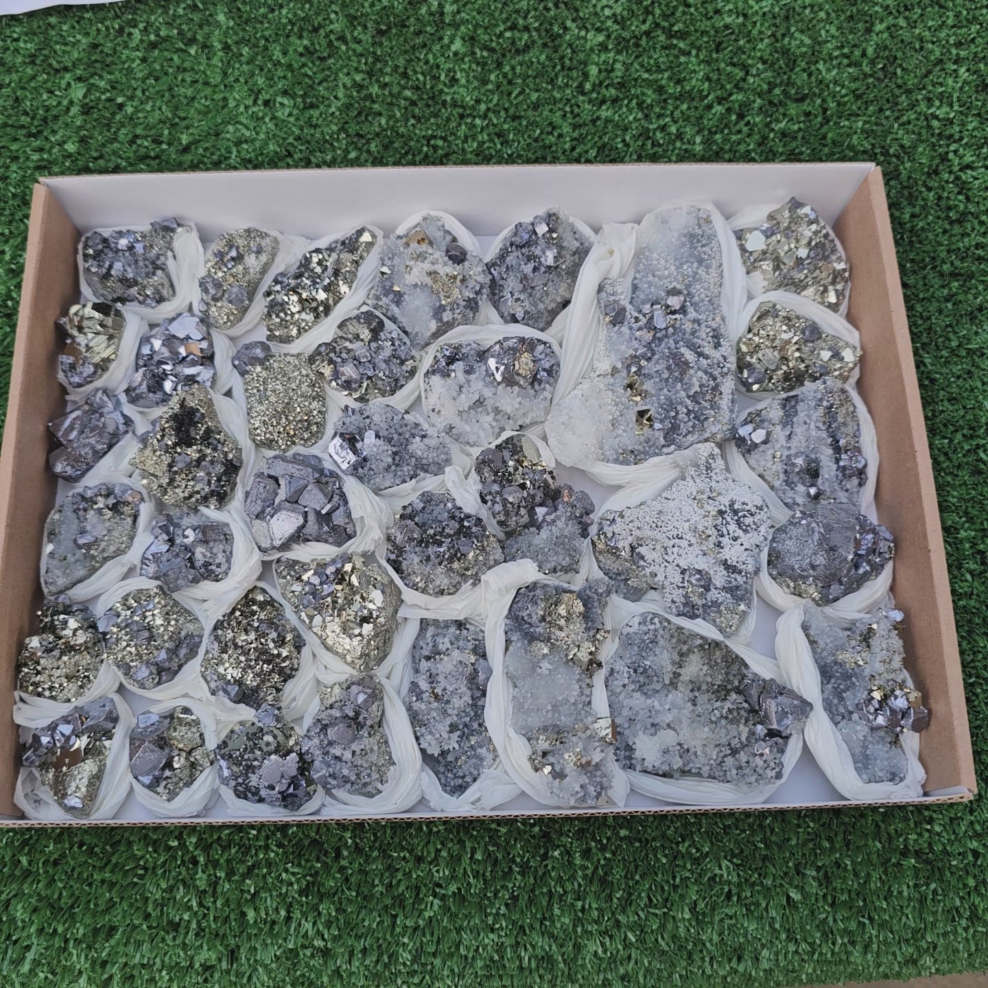 Load video: 35 pc Galena crystals on octahedral pyrite