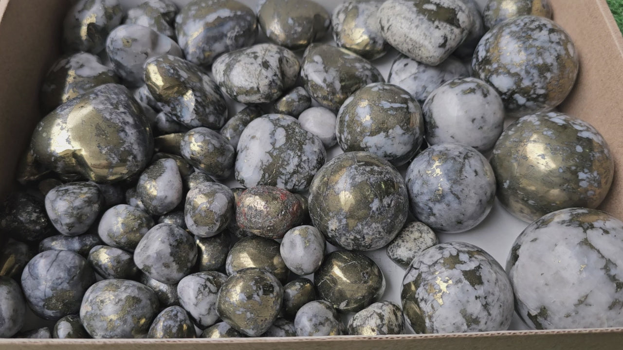 Load video: Lot 3.7 Kg Chalcopyrite Heart , Sphere and Tumbled