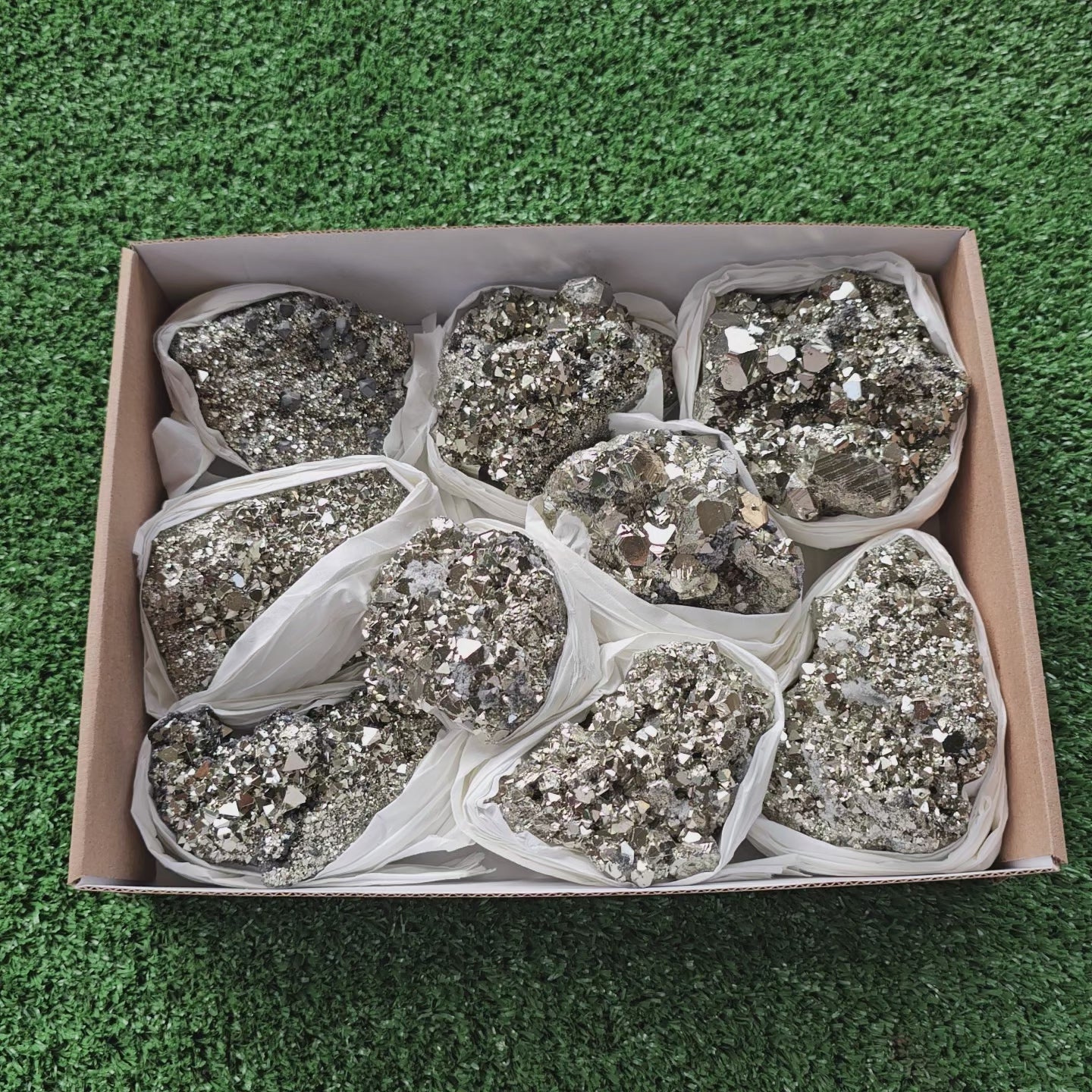 Load video: Box 9 pcs big pyrite Octahedral