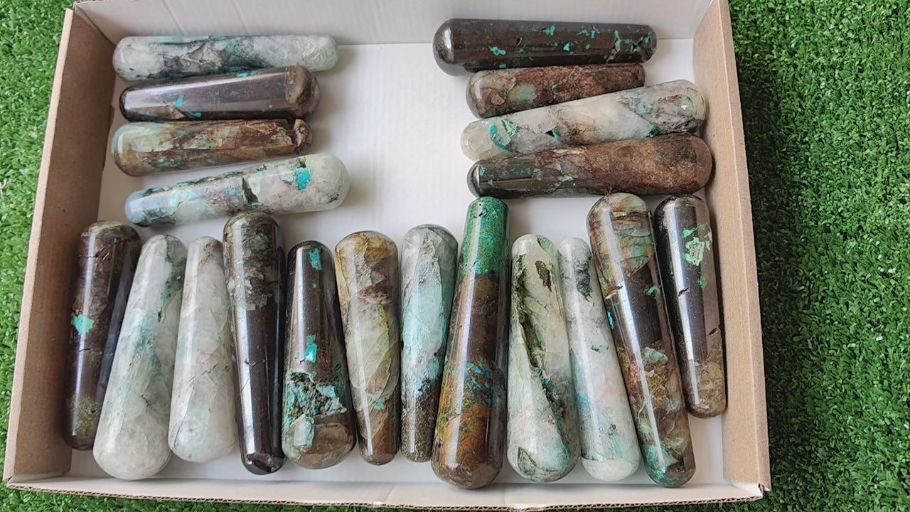 Load video: Lot 20 pcs Chrysocolla Quantum Quattro  Wand