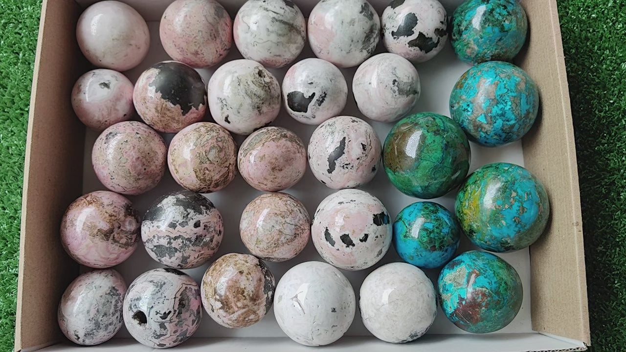 Load video: Lot 29 pcs Rhodonite / Chrysocolla sphere