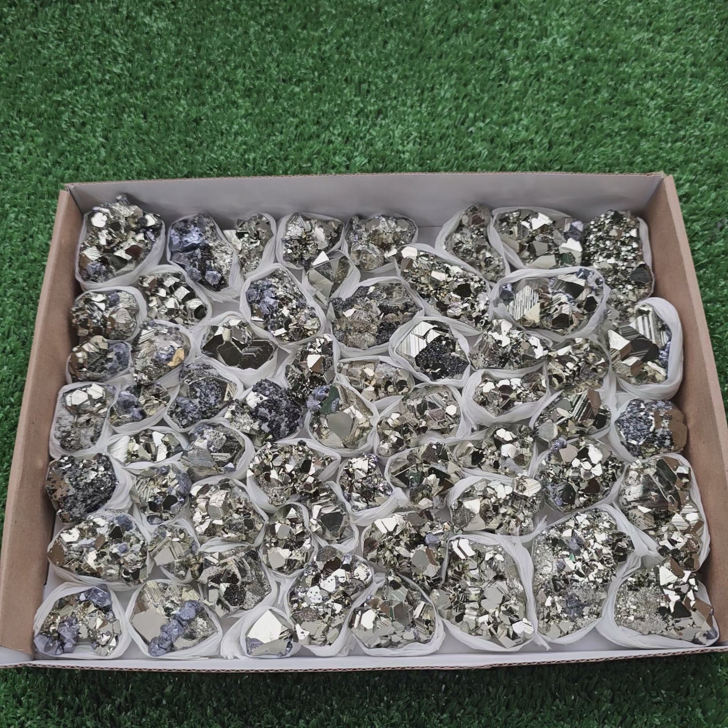 Load video: Box 59 pcs big pyrite Octahedral